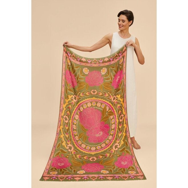 Printed Folk Floral Roses Scarf (Olive)