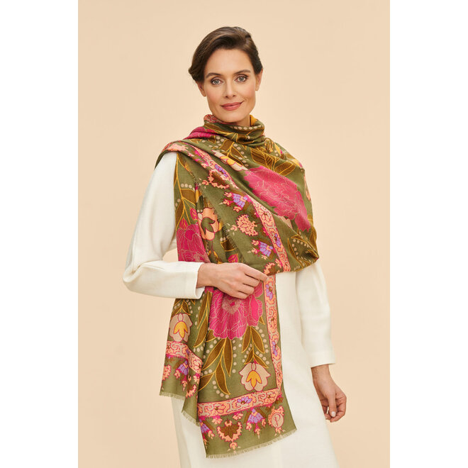 Printed Folk Floral Roses Scarf (Olive)