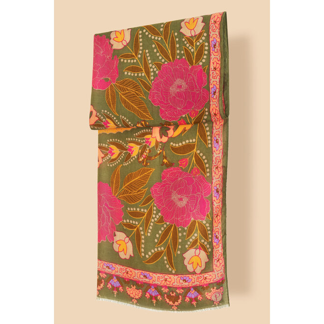 Printed Folk Floral Roses Scarf (Olive)