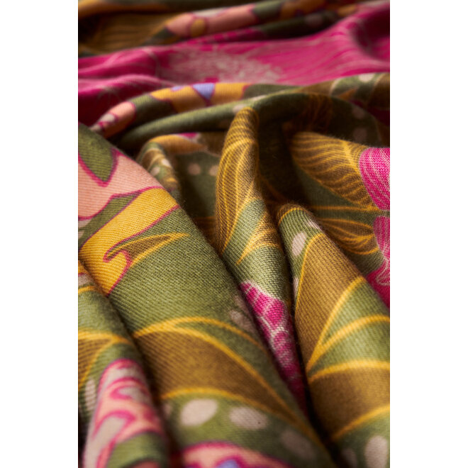 Printed Folk Floral Roses Scarf (Olive)