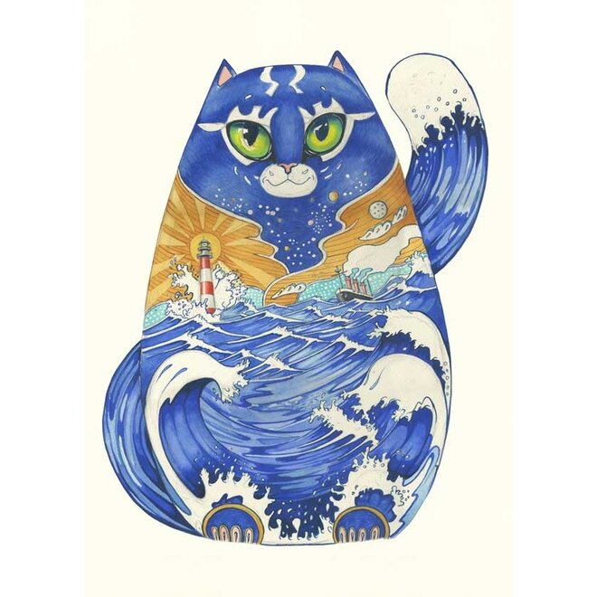 Watercolor Ships Cat Greeting Card