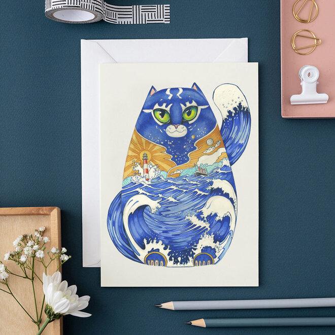 Watercolor Ships Cat Greeting Card