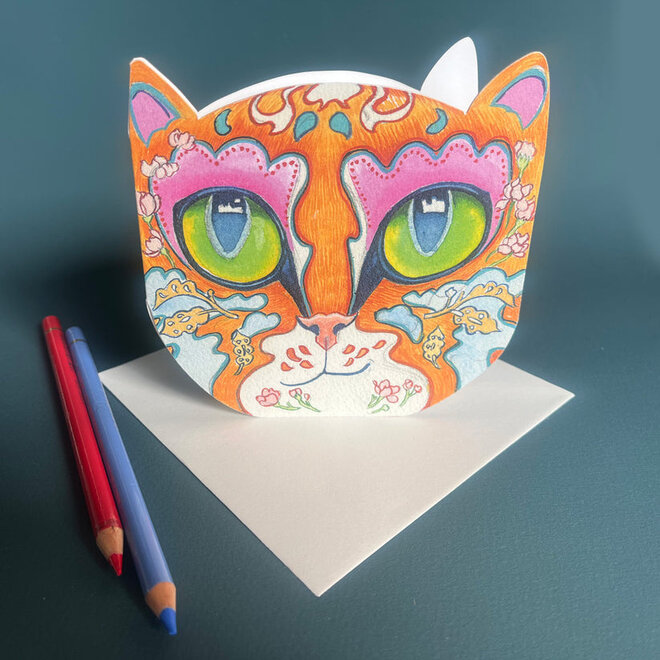 Watercolor Ginger Cat Face Die Cut Greeting Card