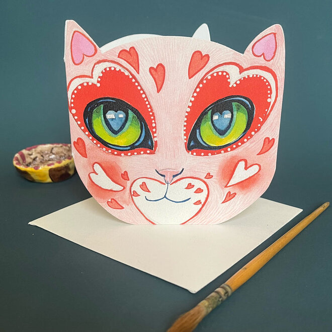 Watercolor Love Cat Face Die Cut Greeting Card