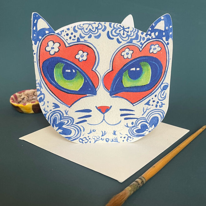 Watercolor Delft Cat Face Die Cut Greeting Card