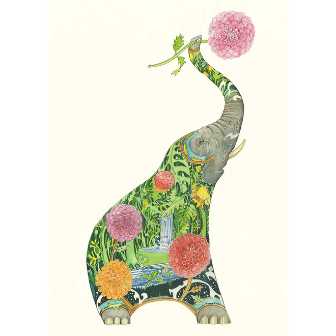 Watercolor Elephant with Flowers Greeting Card