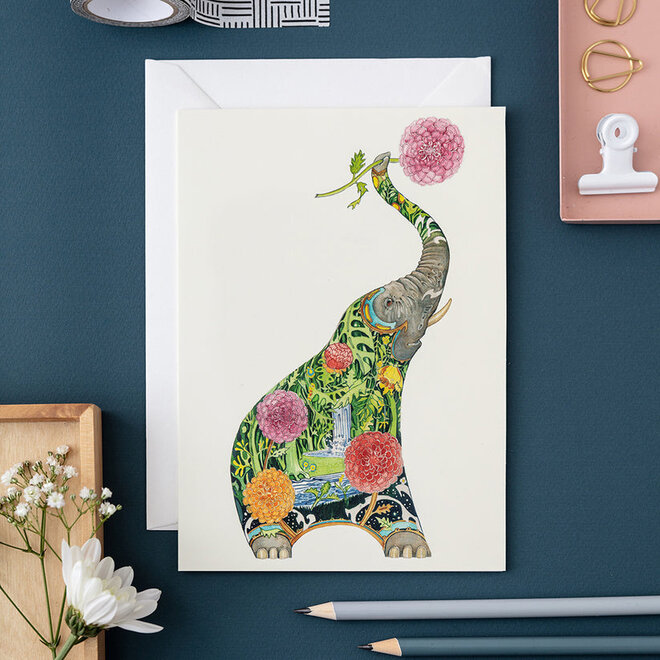 Watercolor Elephant with Flowers Greeting Card
