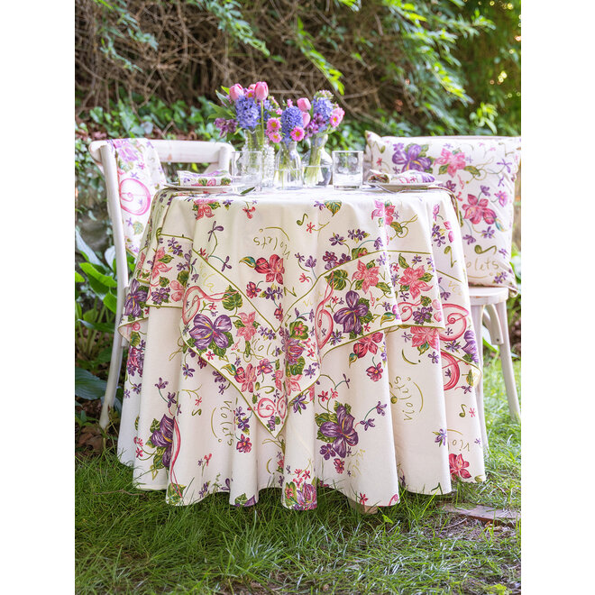 Violets Ecru 88" Round Tablecloth