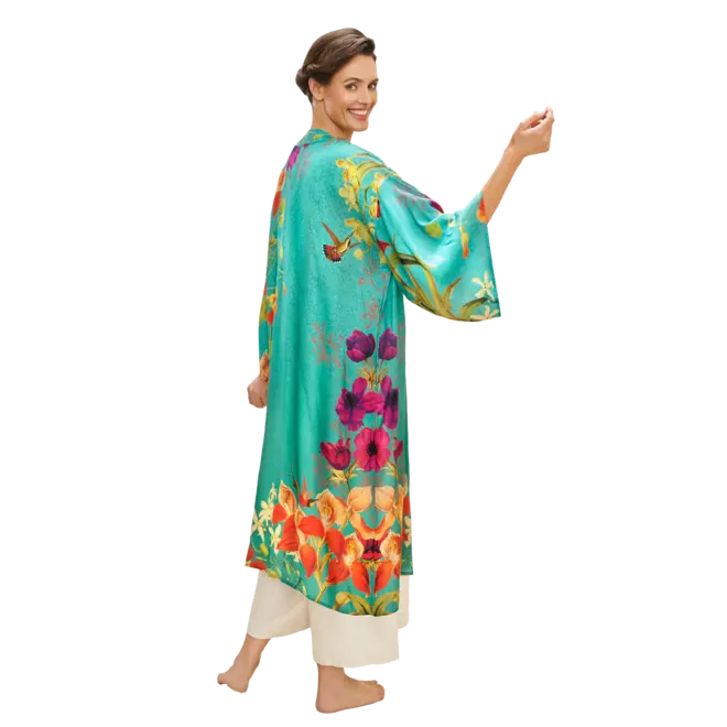 Hummingbird at Dusk Teal Kimono Gown