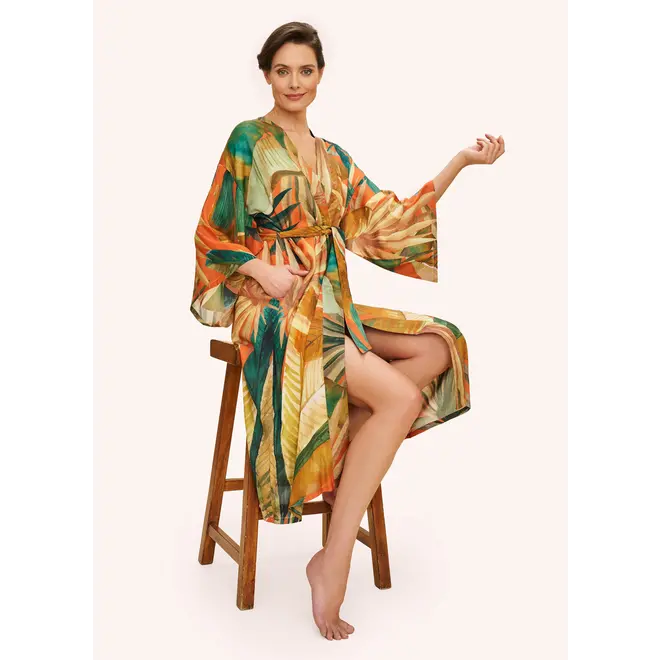 Painted Palms Tangerine Kimono Gown