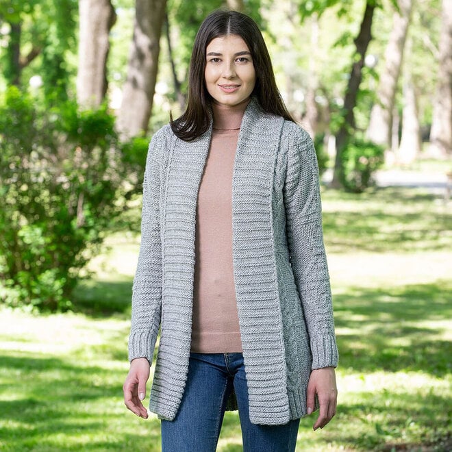 Grey Open Front Cable Knit Cardigan