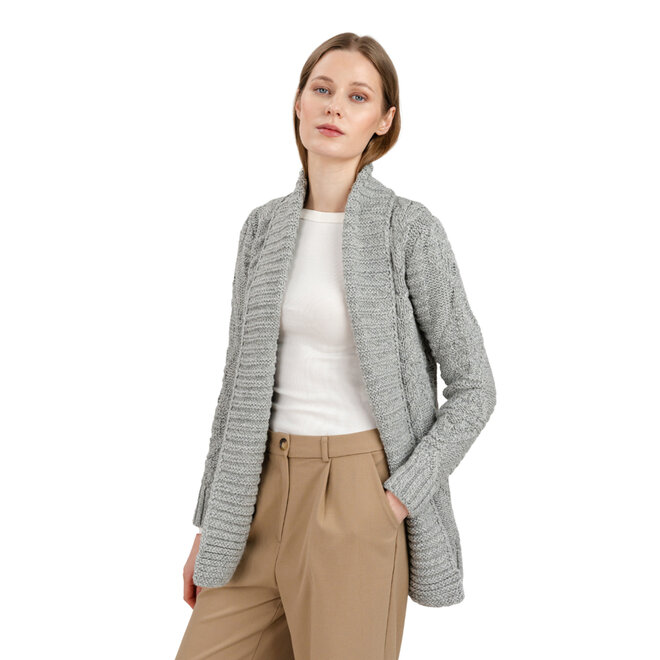 Grey Open Front Cable Knit Cardigan