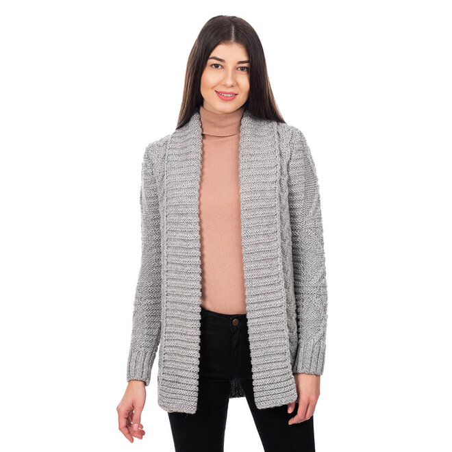 Grey Open Front Cable Knit Cardigan