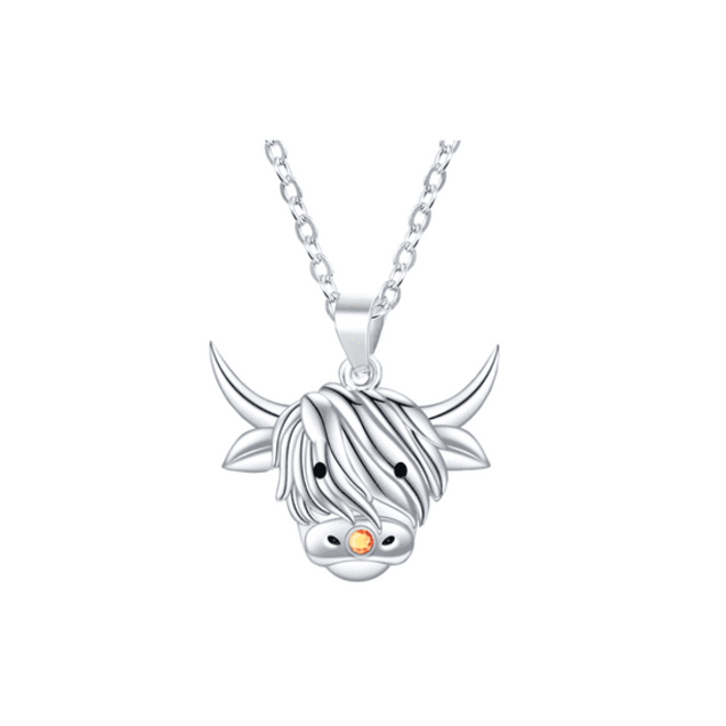 Highland Cow  & Yellow-Amber Stone Pendant Necklace