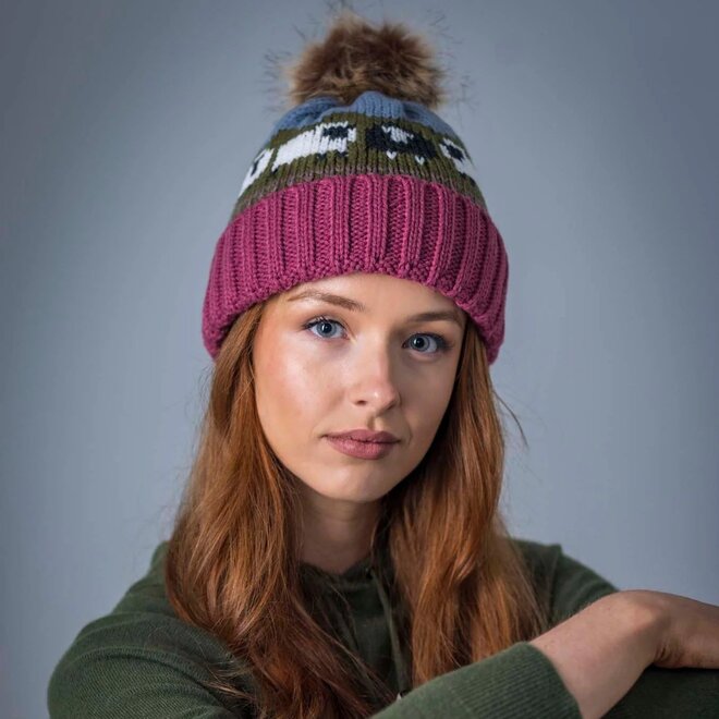 Aran Rose Sheep Pom Pom Hat