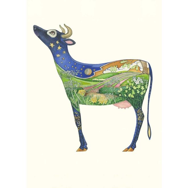 Watercolor Cow Looking at the Moon Greeting Card