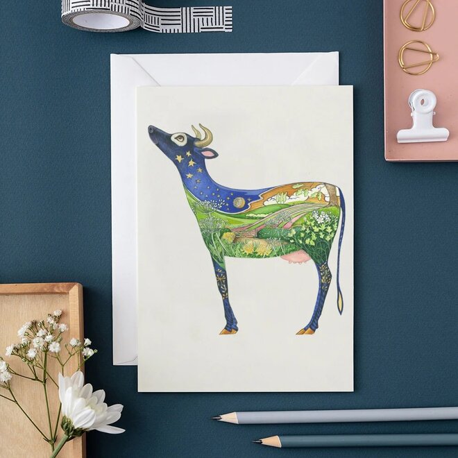 Watercolor Cow Looking at the Moon Greeting Card