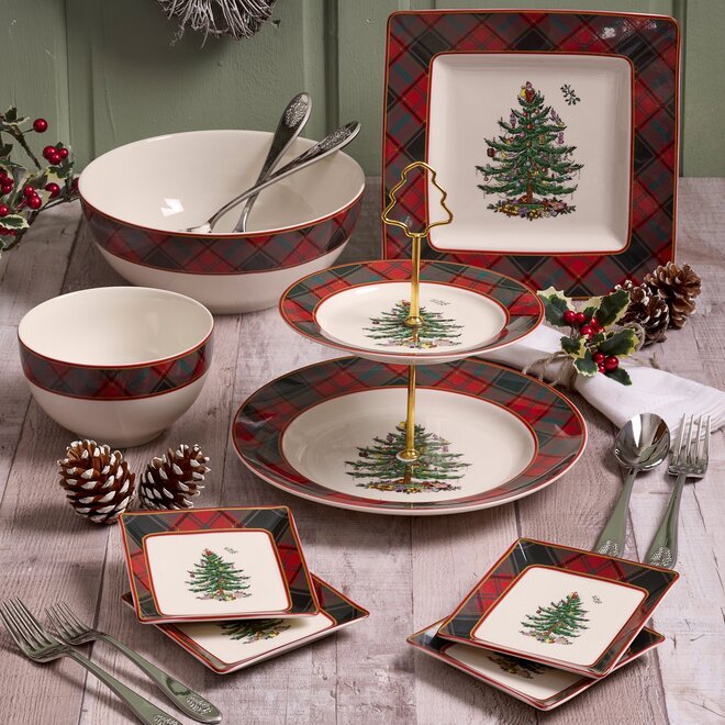 Christmas Tree Tartan Tidbit Plates Set