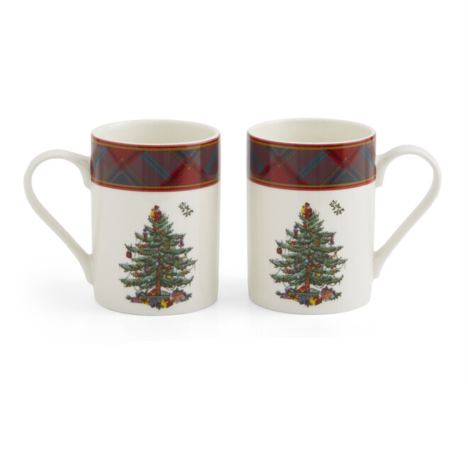 Christmas Tree Tartan Mugs & Tray Set