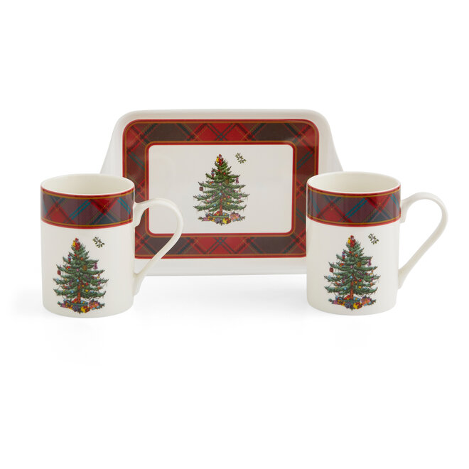 Christmas Tree Tartan Mugs & Tray Set