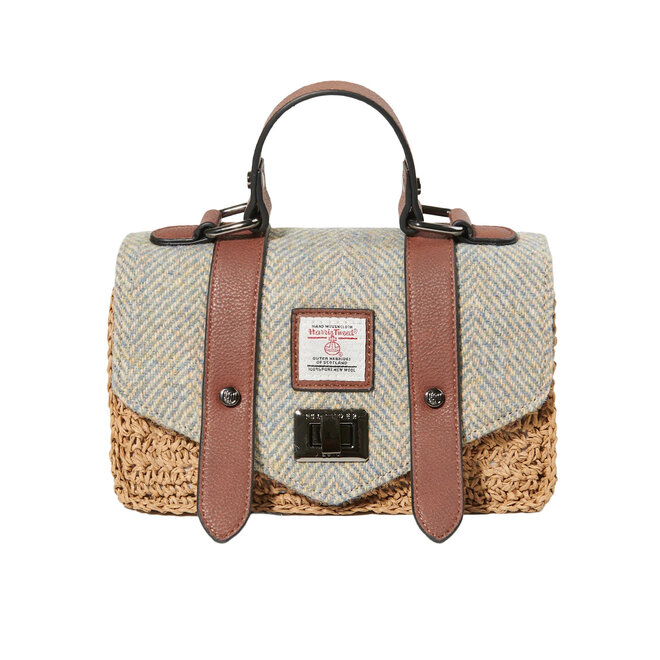Harris Tweed Blue & Cream Herringbone Mini Straw Satchel