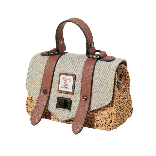 Harris Tweed Blue & Cream Herringbone Mini Straw Satchel