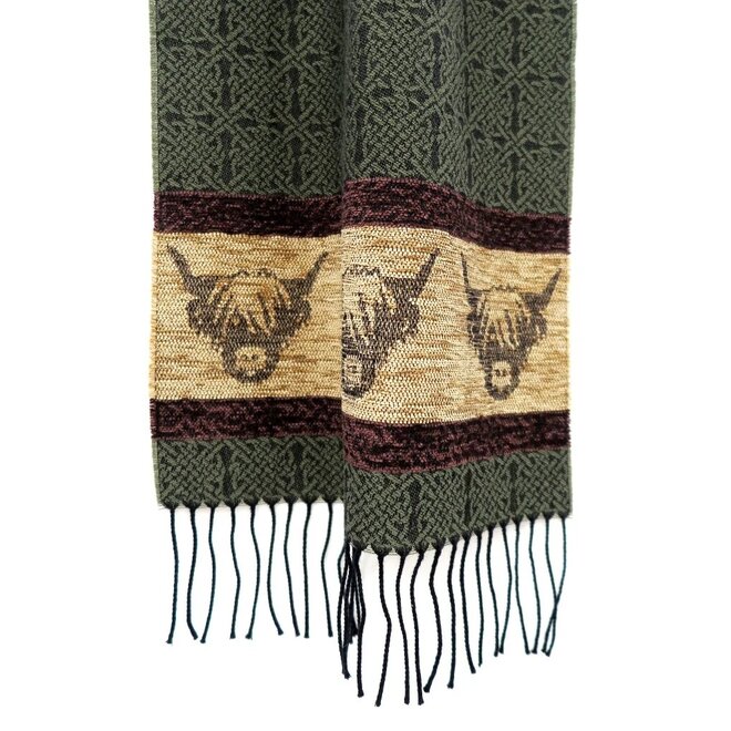 Calzeat of Scotland Celtic Alba Highland Cow Loden Jacquard Scarf