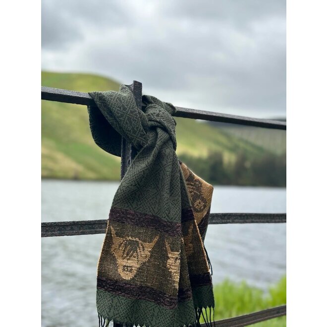 Calzeat of Scotland Celtic Alba Highland Cow Loden Jacquard Scarf