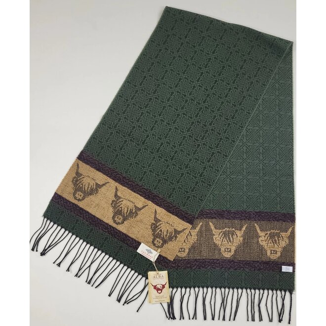 Calzeat of Scotland Celtic Alba Highland Cow Loden Jacquard Scarf
