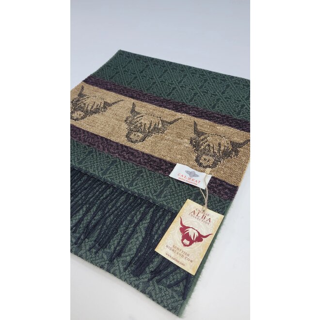 Calzeat of Scotland Celtic Alba Highland Cow Loden Jacquard Scarf