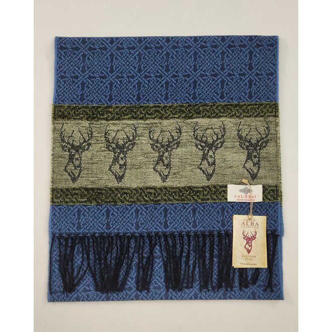 Calzeat of Scotland Celtic Alba Highland Stag Blue Jacquard Scarf