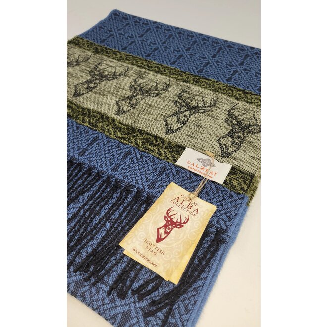 Calzeat of Scotland Celtic Alba Highland Stag Blue Jacquard Scarf