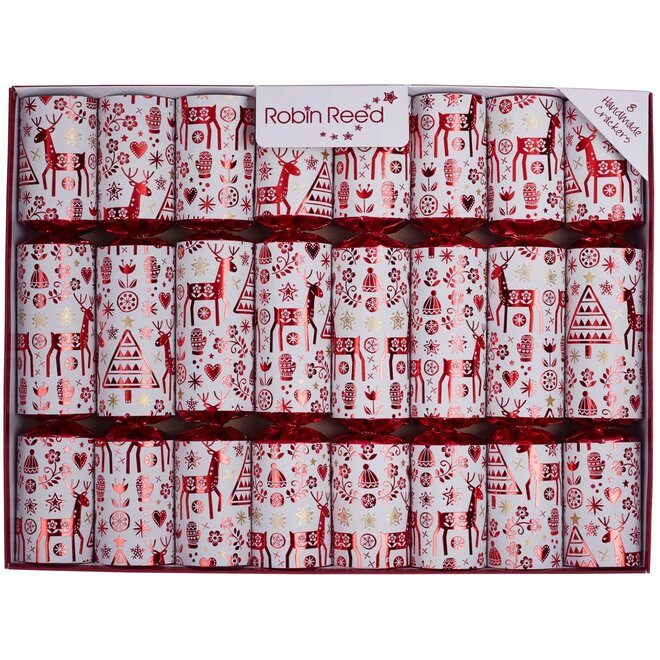 Red Reindeer Shiny Christmas Crackers (Box of 8)