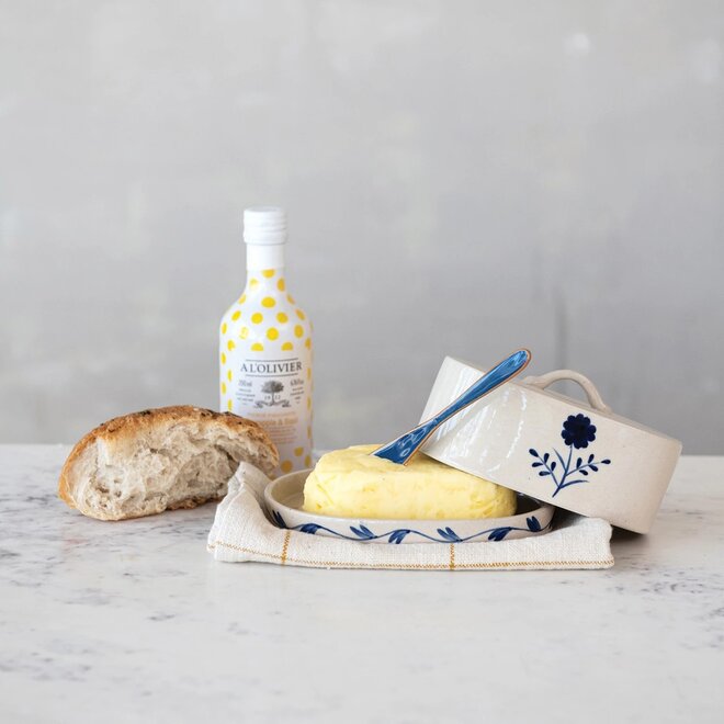 Blue & White Butter Dish with Flower