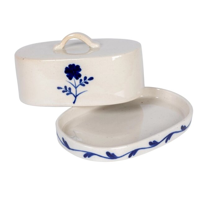 Blue & White Butter Dish with Flower