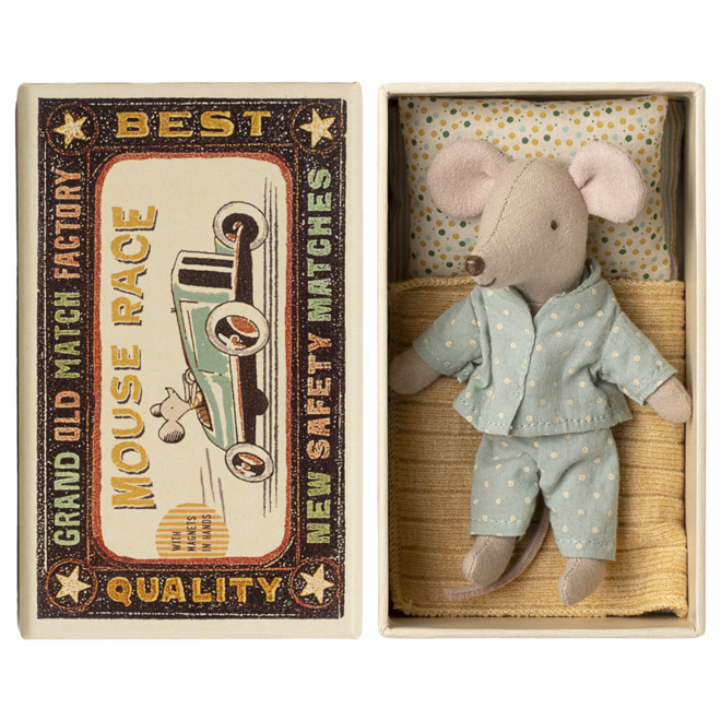 Little Brother Mouse in Matchbox - Blue with White Polka Dots