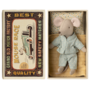 Little Brother Mouse in Matchbox - Blue with White Polka Dots