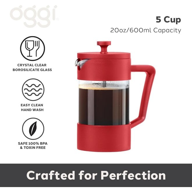 Oggi 5 Cup Borosilicate Glass French Press (Red)