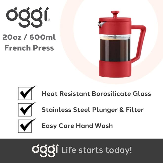 Oggi 5 Cup Borosilicate Glass French Press (Red)