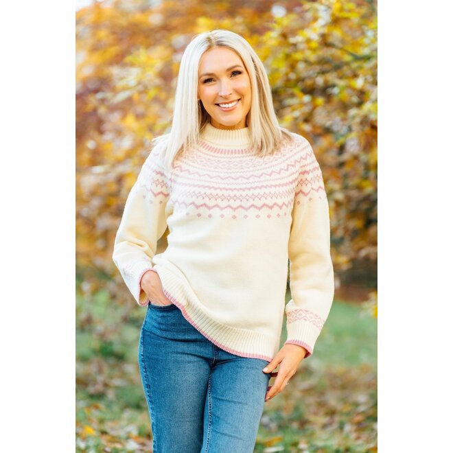 Fair Isle Natural/Rose Deep Crew Neck Jumper