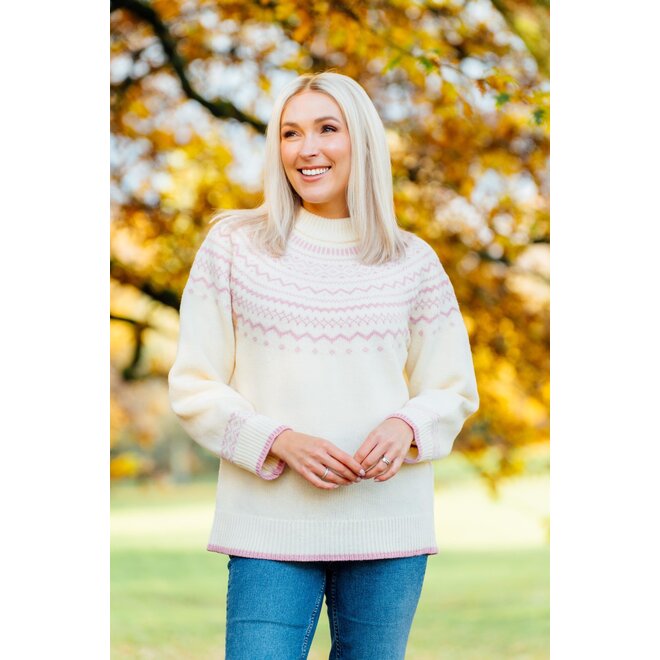 Fair Isle Natural/Rose Deep Crew Neck Jumper