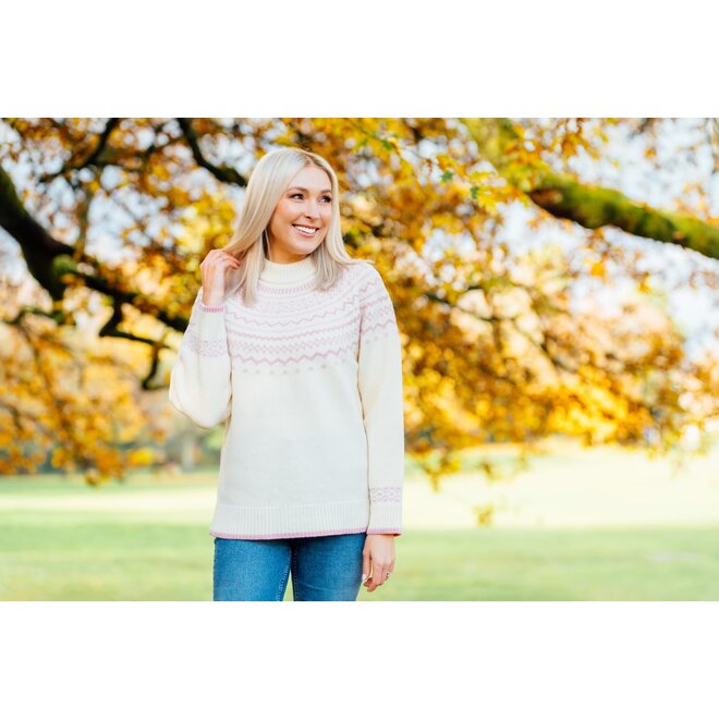 Fair Isle Natural/Rose Deep Crew Neck Jumper