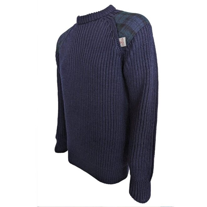 Navy Gamekeeper Crew Neck Sweater with Harris Tweed Black Watch Patches