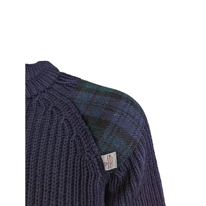 Navy Gamekeeper Crew Neck Sweater with Harris Tweed Black Watch Patches