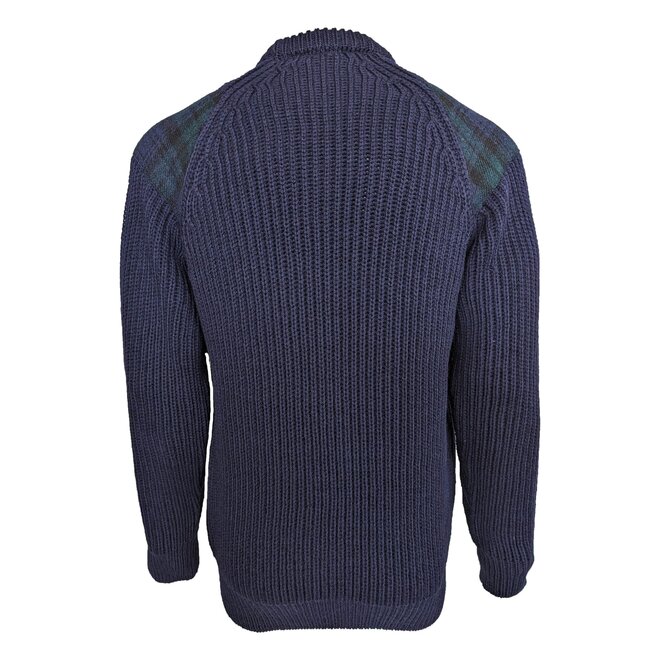 Navy Gamekeeper Crew Neck Sweater with Harris Tweed Black Watch Patches
