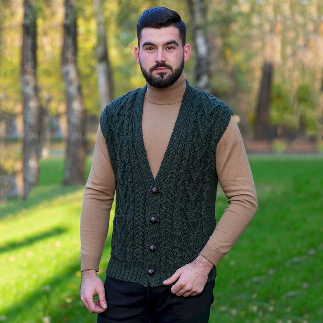 Men's Army Green Aran Sleeveless Cardigan