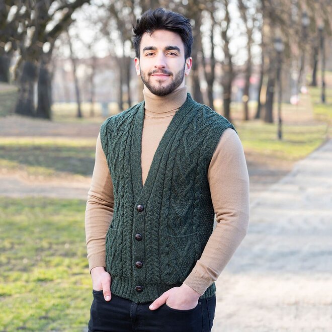 Men's Army Green Aran Sleeveless Cardigan