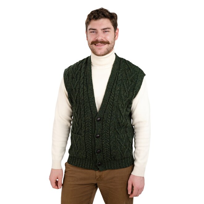 Men's Army Green Aran Sleeveless Cardigan