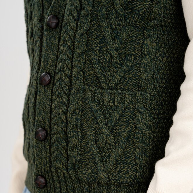 Men's Army Green Aran Sleeveless Cardigan