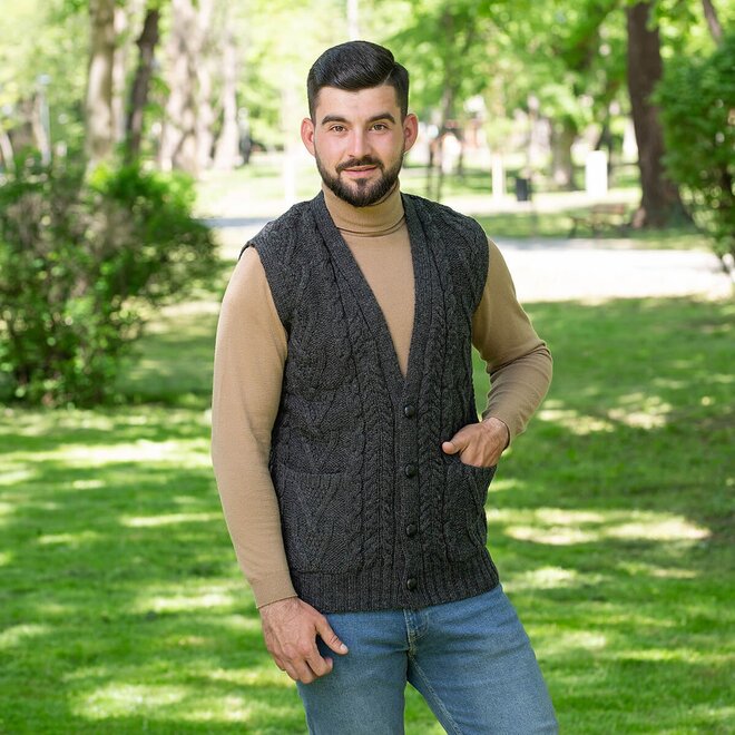 Men's Medium Aran Grey Sleeveless Cardigan